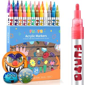 Funto Acrylic Paint Pens for Rock Painting, Fabric, Wood, Canvas, Metal, Ceramic, Glass, 24 Colors Paint Marker Set, Non-Toxic, Quick Drying