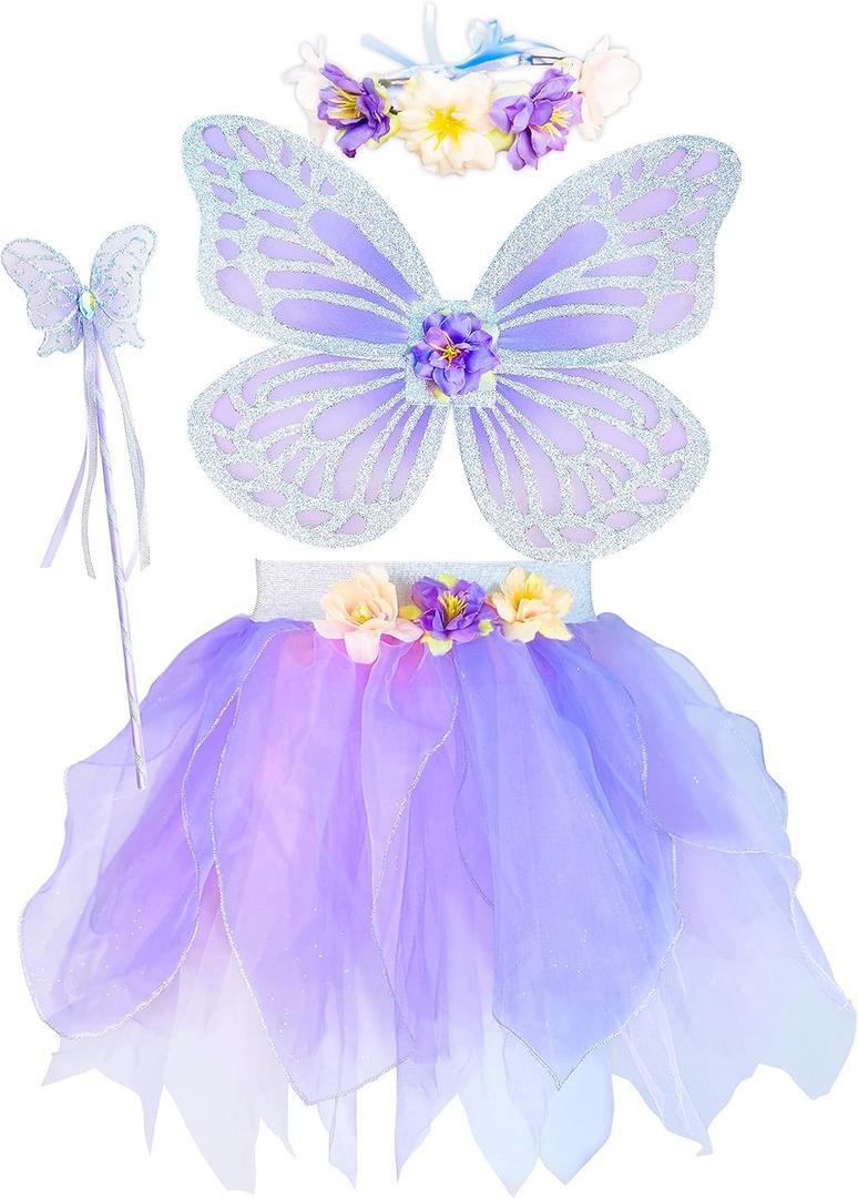 Girls Fairy Costume Set with Butterfly Wings Tutu Wand and Halo Headban (3-6 Years old, Light Purple)