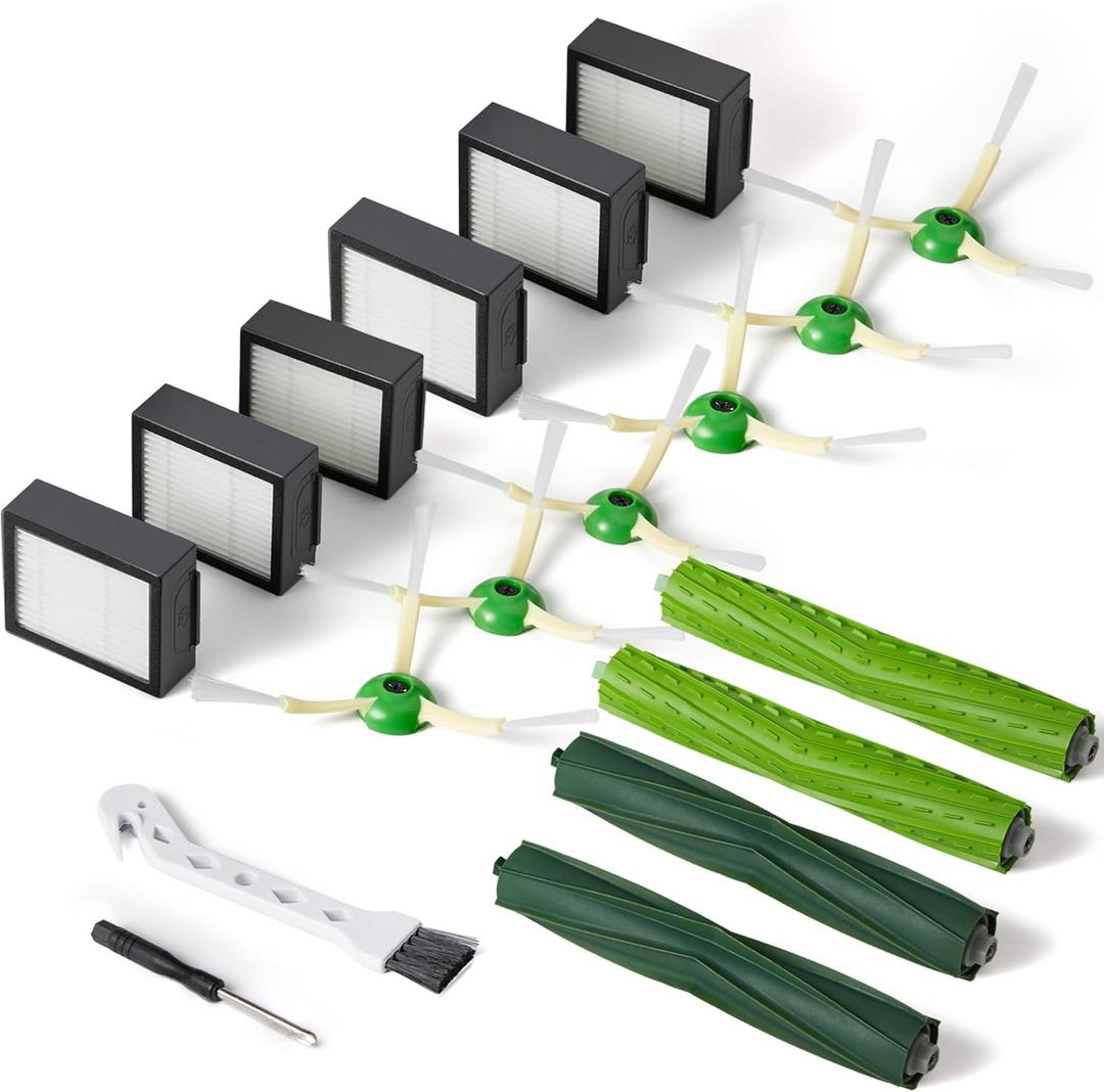 Replacement Parts & Accessories for i-Robot E, I & J Series, Combo i5, j5 Series Robot Vacuum, 2 Dual Multi-Surface Rubber Brushes & 6 HEPA Filter & 6 Edge-Sweeping Brushes (18 Pack)