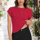 Summer Short Sleeve Crop Tops Womens Crewneck Roll Cap Sleeve T Shirts Loose Fit Basic Tees (Red, S)