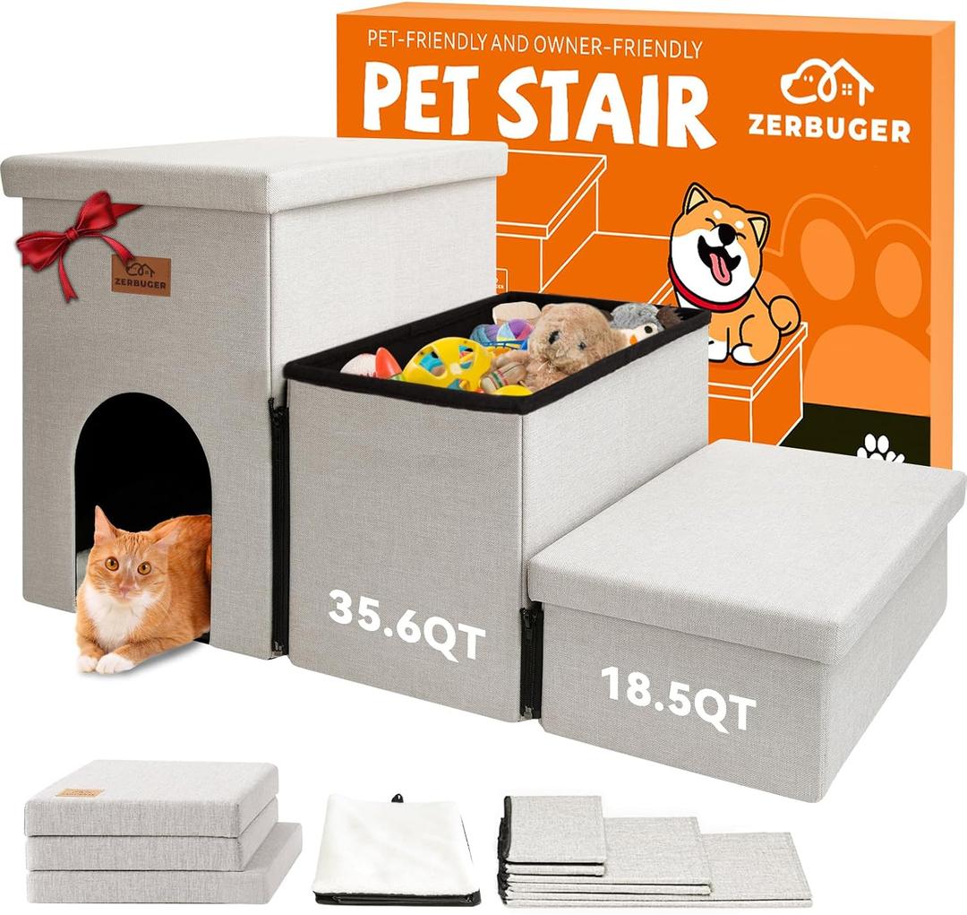 Zerbuger Dog Stairs with Condo 18" H, 3-Step Wider Dog Steps for High Beds Couch, Folding Storage Pet Stairs Gift for Old Dogs Cats, Ramp for Climbing Car Up to 200 lbs, Beige