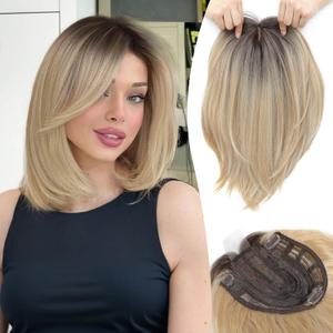 Ms Taj 12 Inch Hair Topper for Women with Thinning Hair, 6.5"x6.5" Large Base Synthetic Hair Topper with Bangs, Ladies-Ombre Blonde with Dark Root