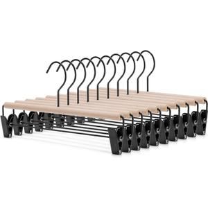 Nature Smile Deluxe Beech Wooden Pants Hangers Bottom Hanger Jeans Hanger Trousers Skirt Hanger with 2-Adjustable Black Matt Clips and Hook 10 Pack (Natural Wood+Black Metal) (13 inches 10pack)