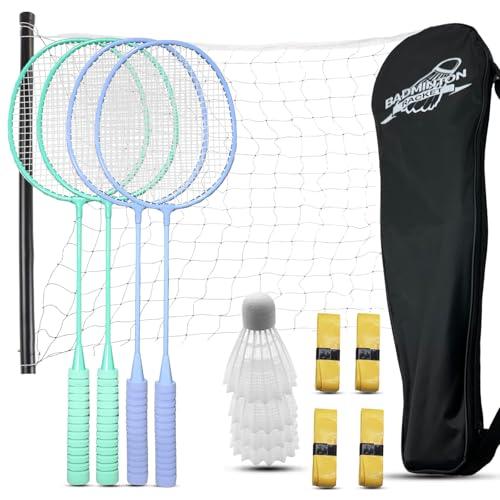 Magicorange Badminton Rackets Set of 5 for Outdoor Backyard Games, Including 4 Racquets,4 Shuttlecocks, 4 Replacement Grip Tapes,1 Badminton net & 1 Carry Bag (Green + Purple)