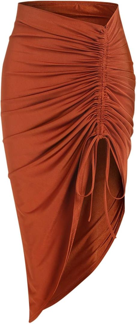 ZAFUL Women's Boho Skirt Asymmetrical Skirts Tied Floral Paisley Printed High Waist Ruched Skirts for Women (Large, Ba-brick Red)