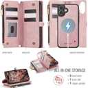 Defencase for iPhone 17 Magnetic Wallet Case Compatible with Magsafe with RFID Blocking Zipper Pocket & Card Holder for Women Men PU Leather Strap Detachable Case for iPhone 17 (6.3 inch), Rose Pink