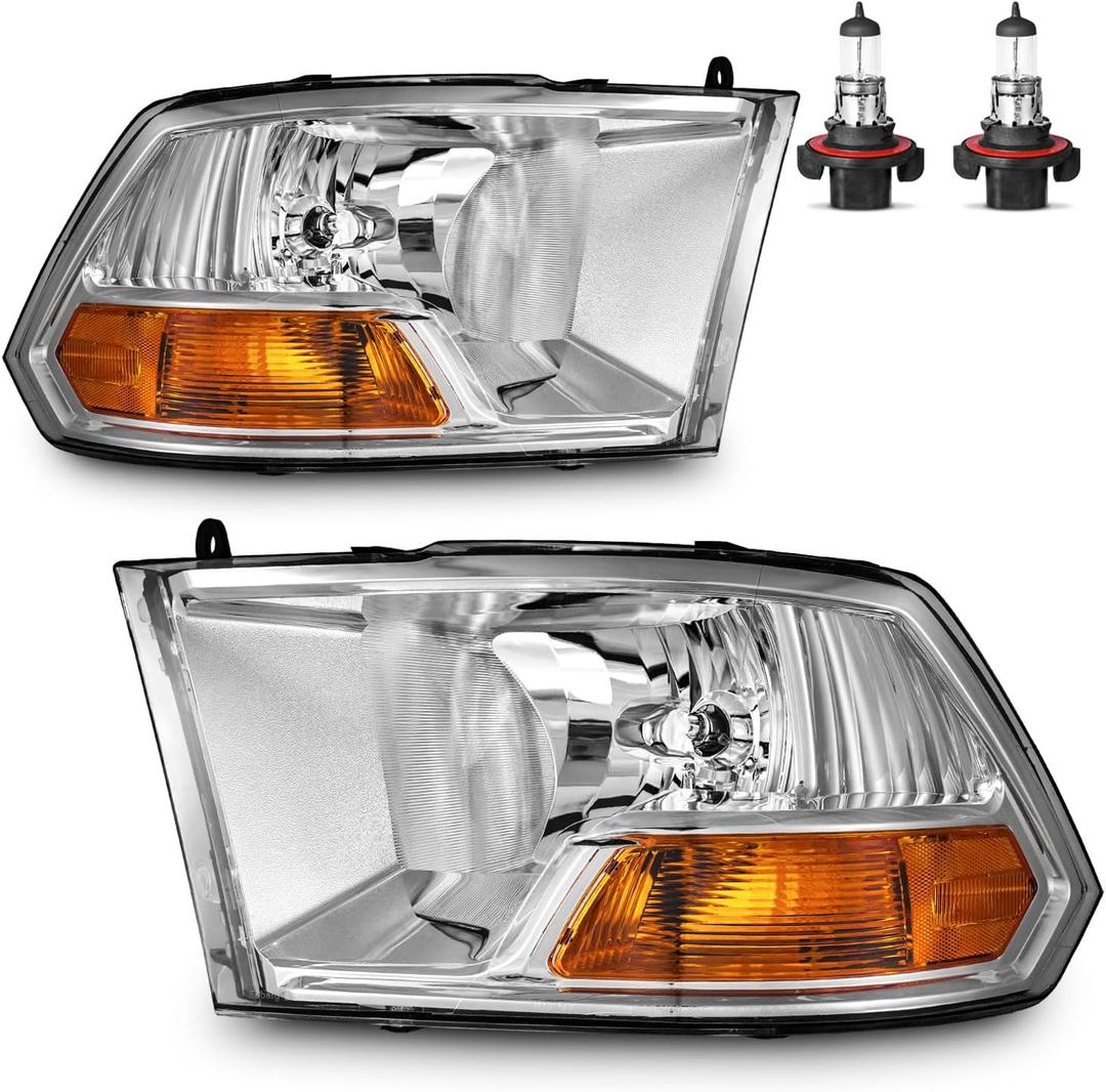 Headlights for 2009-2018 Dodge Ram 1500, for 2010-2018 Dodge Ram 2500 3500 with High/Low beam Bulbs, Driver & Passenger Side(ONLY fit Dual-Hole Single Headlight)