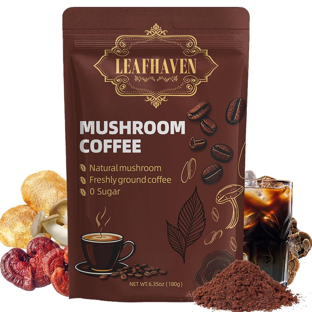 LEAFHAVEN Mushroom Coffee with Lion's Mane, Cordyceps, Reishi, 6 Types Mushrooms Instant Blend for Energy, Focus, Immunity & Digestion, Sugar Free, 30 Servings