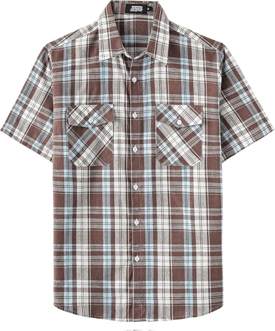 JOGAL Mens Plaid Button Down Shirts Mens Short Sleeve Western Shirts Two Pocket Regular Fit Mens Button Up Casual Shirts (Brown, XXL)