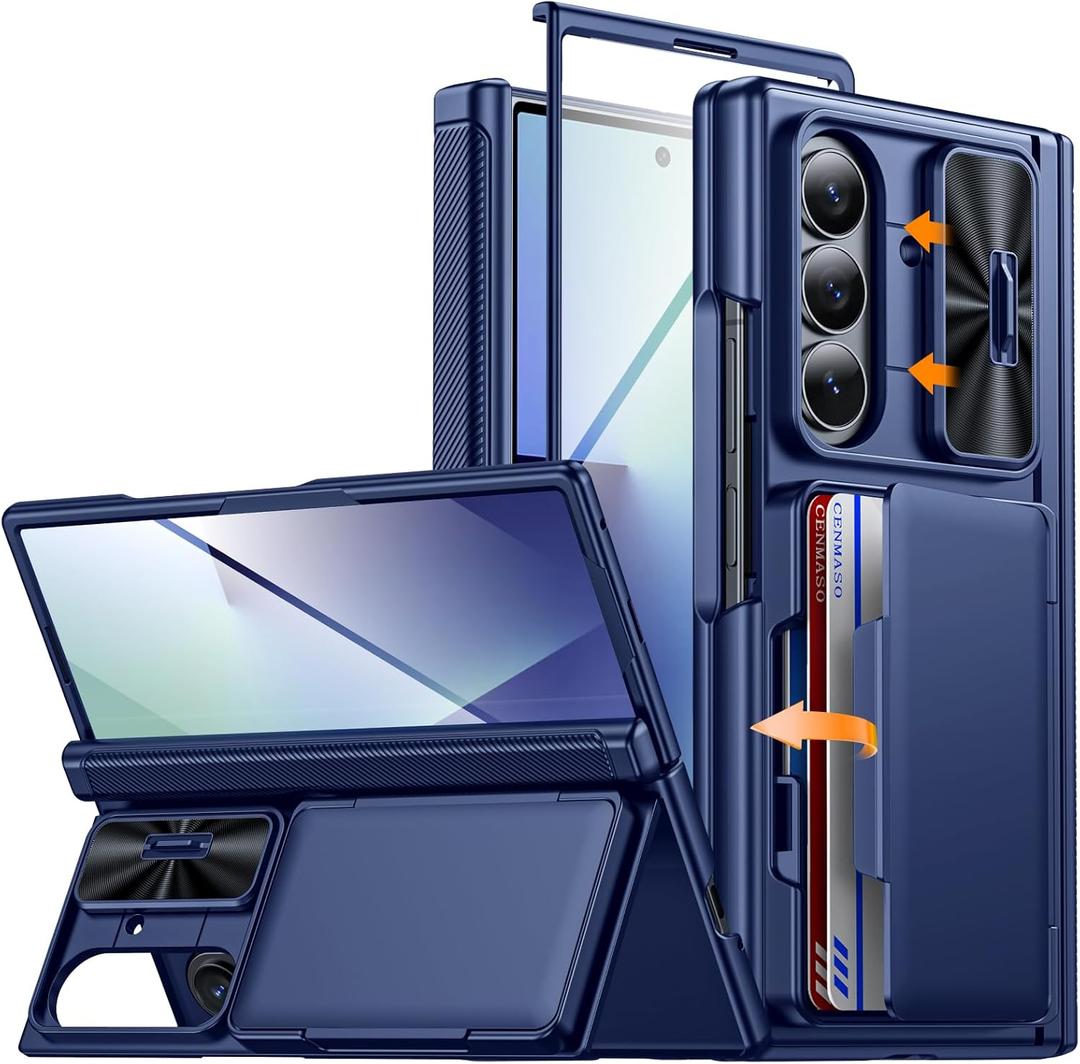 CENMASO for Samsung Galaxy Z Fold 7 Case with Card Holder [RFID Blocking] Camera Cover, Hinge Protection, Hidden Kickstand, Screen Protector, Slim Shockproof Phone Case for Galaxy Z Fold 7-Blue