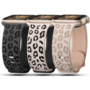 3 Pack Leopard Engraved Bands Compatible with Apple Watch Band 41mm 40mm 38mm 42mm 44mm 45mm 46mm 49mm Women, Soft Silicone Cheetah Embossed Sport Strap for iWatch Series 10 9 8 7 6 5 4 3 2 1 Ultra (DGrey & Black, Starlight & Black, Starlight & Nude Tan)