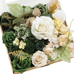 Ling's moment Fake Flowers Box, Faux Artificial Greenery Stems Foam Roses Dahlia Silk Ranunculus Fabic Flower for Centerpieces Bouquet Wedding Vase Decorations, Emerald & Tawny Beige, Grand Combo