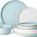 Famiware Milkyway Plates and Bowls Sets, 12 Pieces Dinnerware Sets, Reactive Glaze Dish Set, Stoneware Dishes Set for 4, Matte Beige White & Light Blue