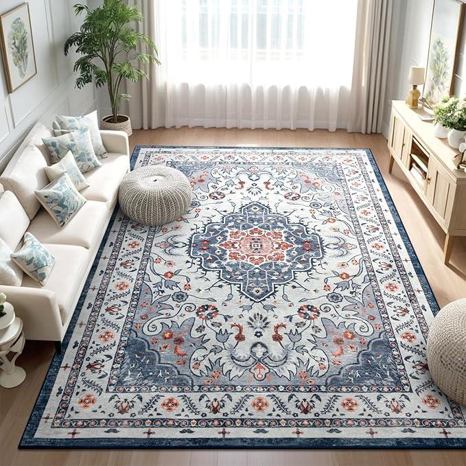 Area Rugs for Living Room, 4x6 Washable Non Slip Vintage Rugs, Low Pile Ultra Soft Indoor Print Pattern Carpet for Bedroom, Entryway, Office, Dining Room, Home Decor, Blue/Beige