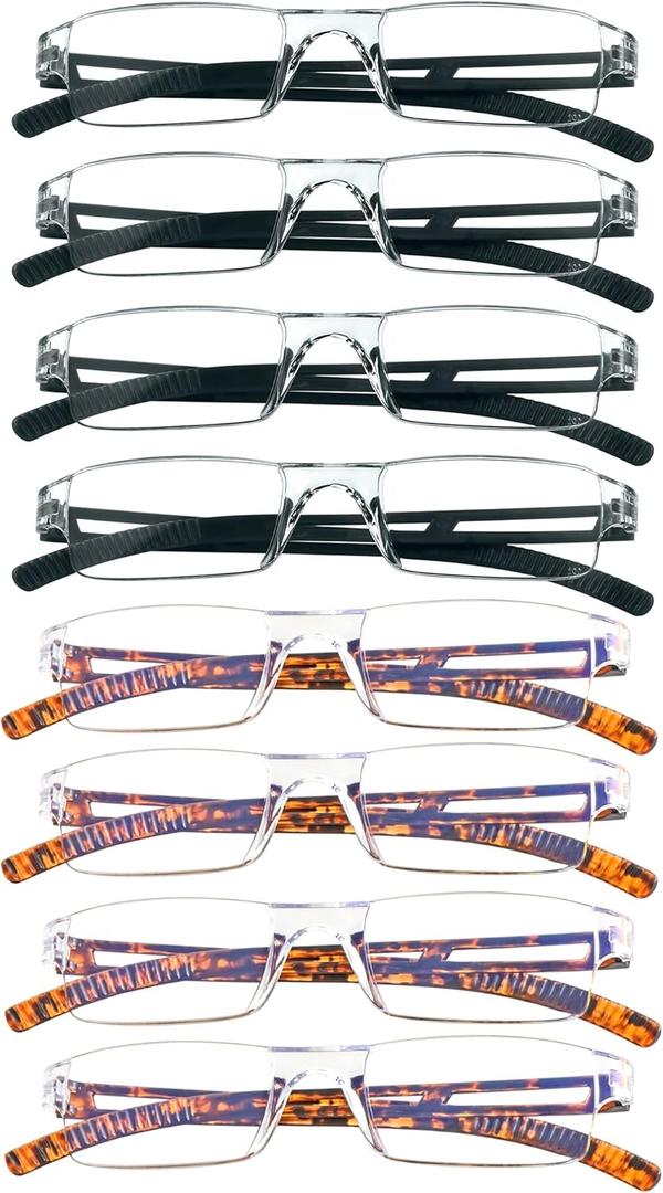 VisionGlobal 8 Pairs Reading Glasses, Blue Light Blocking Glasses, Computer Reading Glasses for Women and Men, Fashion Square Eyewear Frame (4black+4tortoise,+3.25 Magnification)