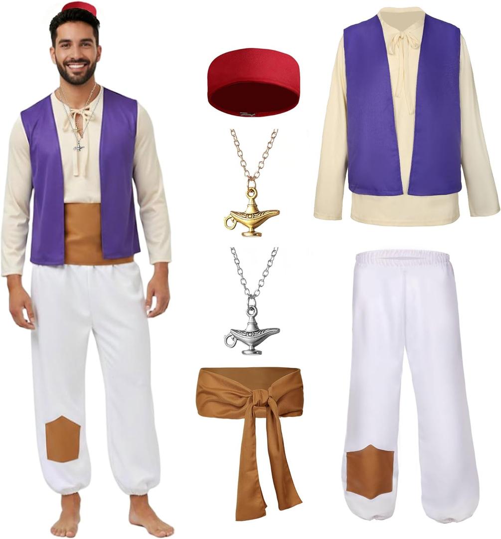 Men's Arabian Prince Costume, Halloween and Birthday Party Costumes - Including 2 Necklaces (Medium)