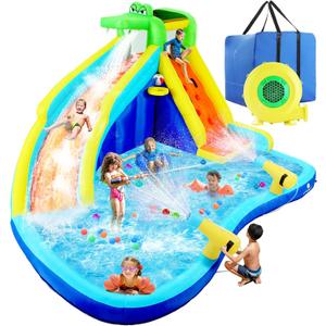 ROOJER Inflatable Water Slide Park for Kids Backyard 8-in-1 Blow Up Crocodile Spray Slide with 450W Blower, Splash Pool, Climbing Wall, Water Cannon, Basketball Hoop for Summer Outdoor Play Party Gift