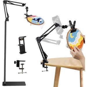 Black Adjustable Embroidery Hoops Stand for Hand Work,3-in-1 Hoop/Tablet/Phone Holder Floor Stand,Embroidery Desktop StandLap Cross Stitch Frame with 360 Rotation,Hand Embroidery Stand