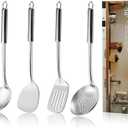 Pleafind Cooking Utensils Set - 4 Pcs Stainless Steel Kitchen Utensils, Wok Utensils Set Includes Spatula, Slotted Spatula, Ladle, Slotted Spoon, Ergonomic Handle & Heat Resistant, Dishwasher Safe