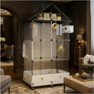 60in Large Flight Bird cage, Equipped with Bird's NestLadder, Swing, Feeder, etc. with Wheels for Easy Outdoor Movement, Suitable for Parrots, Pigeons (Black, 28.4" L x 14.2" W x 60" H)