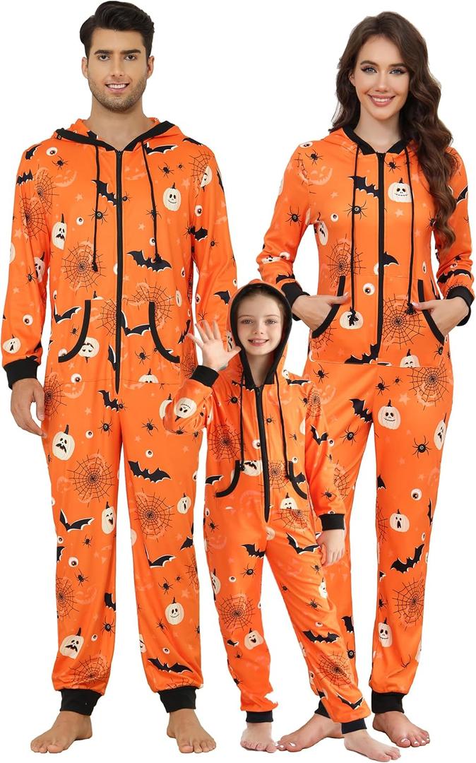 Veseacky Matching Family Pajamas Sets Skeleton Glow in Dark Jumpsuit Halloween Hooded One-Piece Zipper PJS Family Jammies (Orange, XXL)