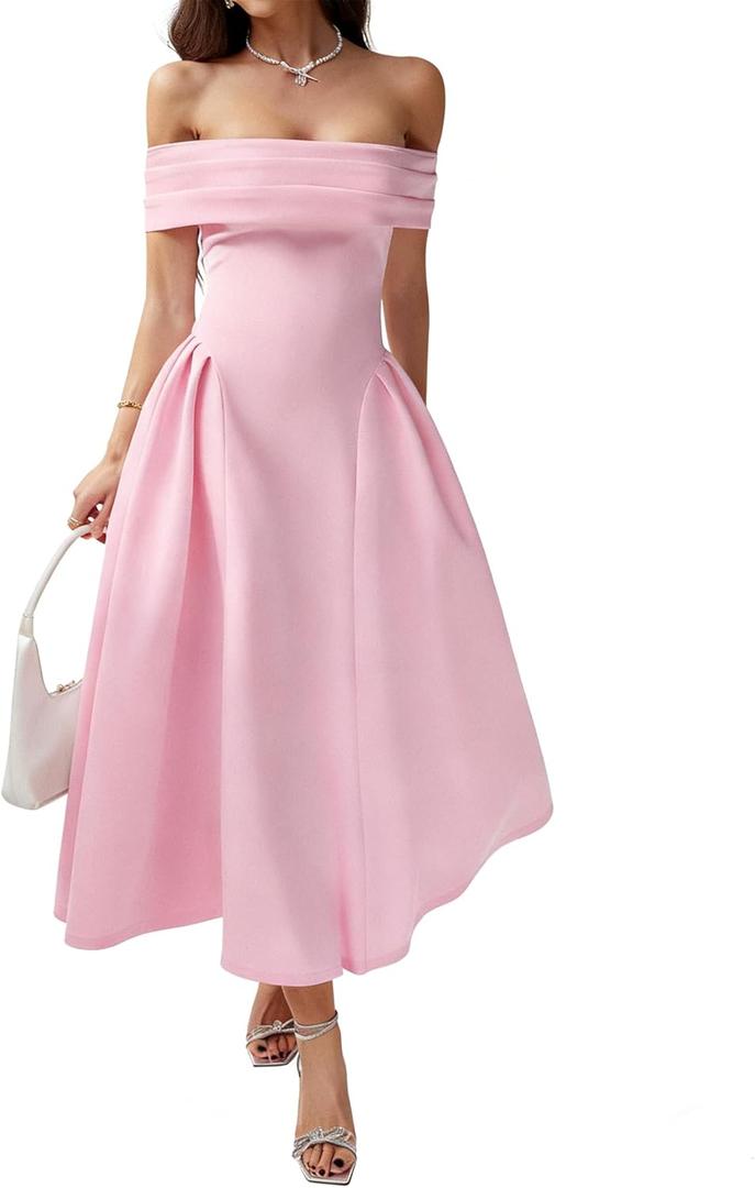 Formal Cocktail Off Shoulder Dresses for Women Elegant Swing Aline Wedding Guest Engagement Party Midi Dress (Pink, M)