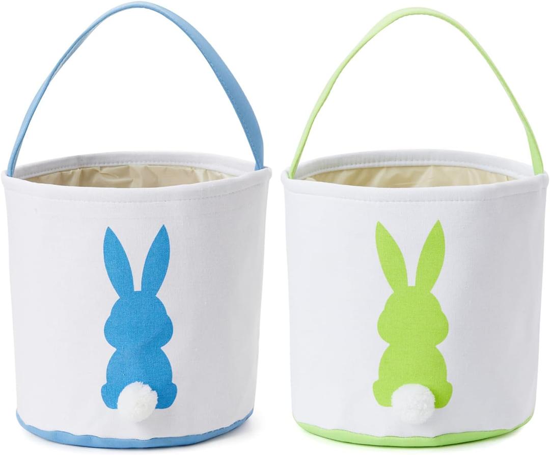 Easter Bunny Basket Easter Bucket Egg Hunt Basket for Kids, Canvas Rabbit Print Basket w. Fluffy Tail, Candy Egg Toy Easter Basket Tote w. Handle (Blue New+Green New)