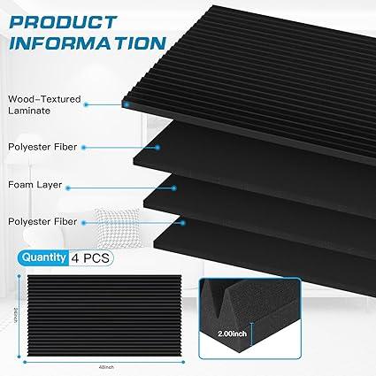 Vyntqlla 4Pack Acoustic Foam Panels, 48" x 24" x 2" HighDensity Soundproof Foam Wall Panels for Wall, Ceiling, Noise Dampening Panels for Office, Studio and Home (Black 4 Pack, 48X24X2 Inch)
