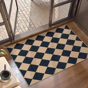 Lahome Checkered Easy Jute Kitchen Rug, 2x3 Front Door Mat Non Slip Washable Neutral Area Rug, Farmhouse Diamond Non Shedding Low Pile Floor Carpet for Entryway Porch Doorway (Black/Checkerboard -2)