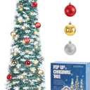 5 FT Pop Up Christmas Tree with Timer Lights and Decorations, Green Tinsel Artificial Christmas Tree with 24 Balls Ornaments, Collapsible Pencil Tree for Xmas Home Office Party Decor