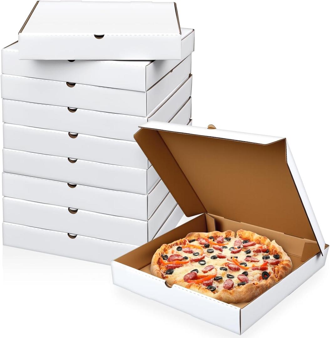 Fullhawl 10 Pcs Pizza Boxes 12 x 12 Inches B-Flute Corrugated White Pizza Box, Grease Resistant Kraft Takeout Containers Packing Boxes for Homemade Cake, Cookies, Food and Crafts