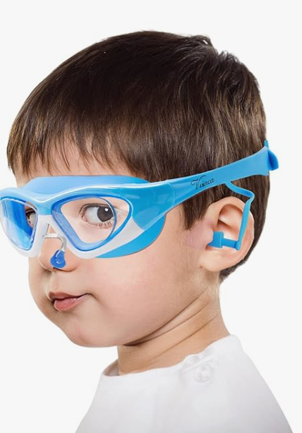 Vvinca Kids Swim Goggles for Kids 3-12, 2024 Upgraded Design with Ear&Nose Plug, Wide View Anit-Fog No Leak Water Pool Goggle (Blue)