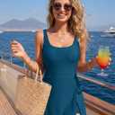 Aleumdr One Piece Swimdress Swimsuit for Women Tummy Control Split Swim Dress Skirt Bathing Suit with Pockets (Blue, L)
