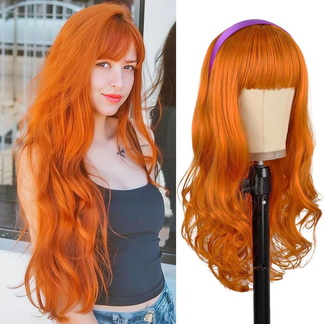 Orange Ginger Wig With Bangs Long Curly Wavy Daphne Costume Wig Heat Resistant Synthetic Bangs Wigs for Women Daily Party Use (26 Inches)