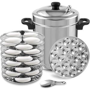 Stainless Steel Big Idli Cooker with Whistle Indicator, Food Grade 8 Idli Plates For Cooker, Electric Pot, Insta Pot - 8 Idli Plates - Makes up to 32 Idlis, 1 Mini Idly Plate make 18 Idlies