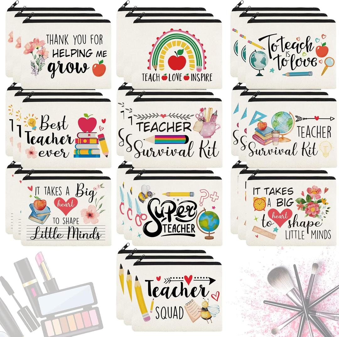 Irenare 30 Pcs Teacher Appreciation Gifts Bulk Thank You Makeup Bags for Women Canvas Cosmetic Pouch with Zipper Educators School Appreciation Gifts Bulk for Teacher Week