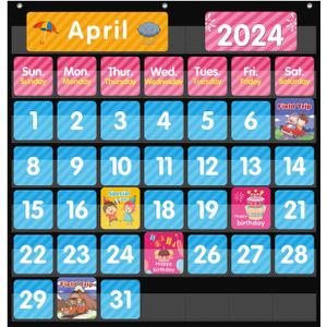 REGELETO Large 44 Pockets Calendar Pocket Chart for Classroom with 85 Cards, Size:25 X 24 Monthly Calendar and Weather Black Pocket Chart for Kids Learning for Home or Kindergarten (44 Pockets)