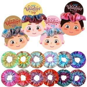 XunYee 24 Pcs Valentine's Day Hair Scrunchies with Card 12 Tie Dye Velvet Scrunchies 12 Valentines Exchange Gift Cards for Party Favors Goody Bag Filler(Metallic Color)