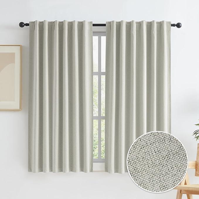 KEQIAOSUOCAI Greyish Beige 100% Blackout Linen Curtains, Completely Thermal Insulated Window Treatment Panels for Bedroom Nursery Hook Belt Back Tab, 2 Panels, 50 Inch Width x 63 Inch Length White