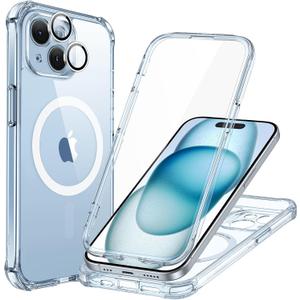 ESR for iPhone 15 Case, Compatible with MagSafe, Full-Body Military-Grade Drop Proof Case with Built-in 9H+ Tempered Glass Screen Protector, Armor Series, Clear Blue