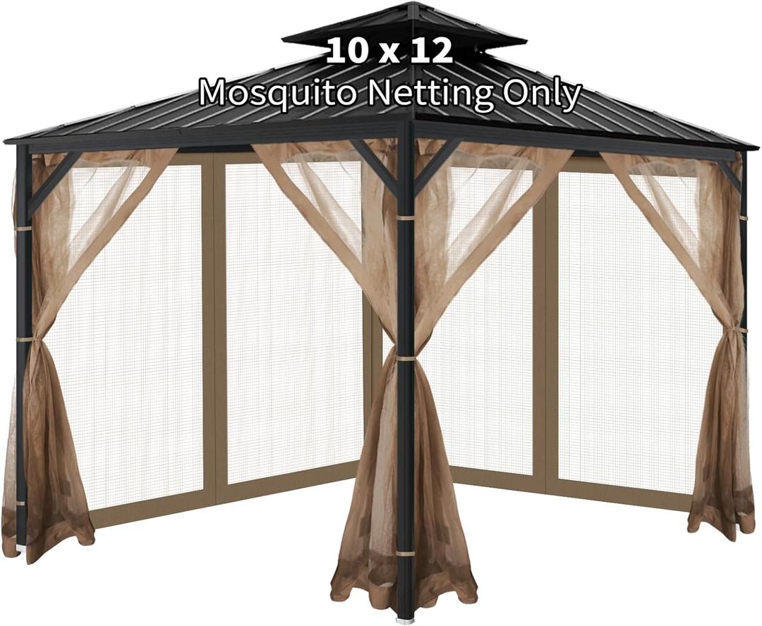 Gazebo Universal Replacement Mosquito Netting, 10'x12' Gazebo Netting Outdoor, 4-Panel Screen Walls for Outdoor Patio with Zipper (Mosquito Net Only) (Brown)
