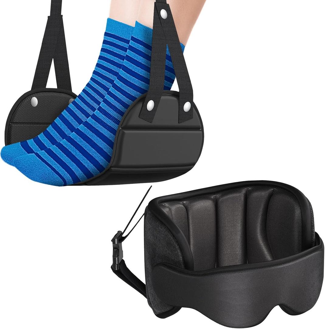 SARISUN Travel Pillow Airplane Foot Hammock Set, Airplane Pillows with 3D Eye Mask for Sleeping, 360 Support Plane Head Strap, Long Flights Essentials, Stop Bobblehead and Travel Foot Rest Leg Relief