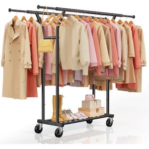 Heavy Duty Clothes Rack - Load 620 LBS, Rolling Clothing Rack for Hanging Clothes with Lockable Wheels & Shelves, Extendable Double Rod Garment Rack for Bedroom, Laundry, Living Room (Black)
