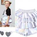 Girls Pleated Metallic Shorts Shiny Sparkle Ruffle Scooter Skater Dance Elastic Waist Rave Pants with Sunglasses for 4-5T