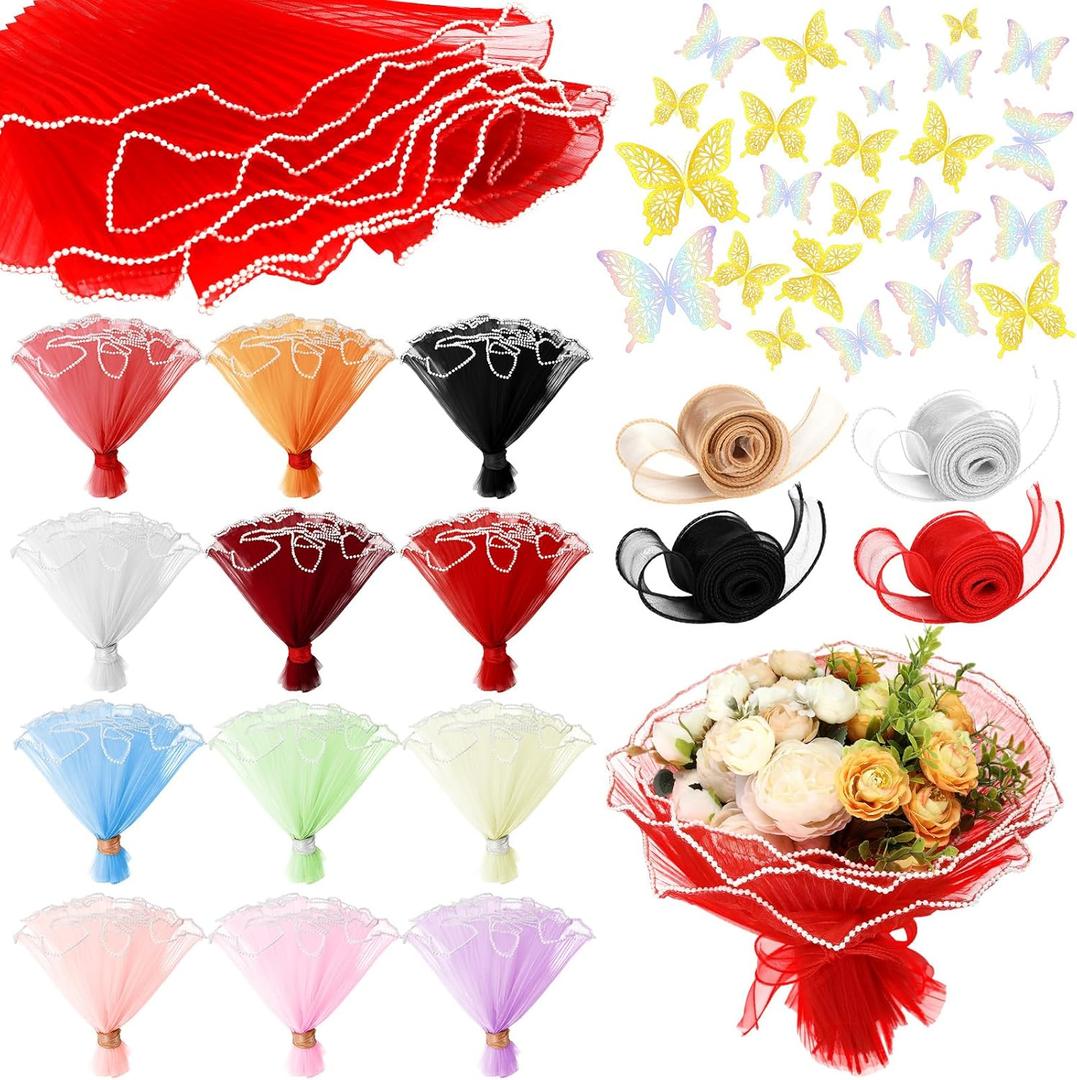 Gilprop 12 Pcs Mother's Day Flower Wrapping Mesh Paper Kit, 11 Inch x 4 Yard Wavy Pearl Edge Flower Bouquet Packaging Mesh Florist Supplies with 4 Ribbons and 24 3D Butterflies for Mother's Day