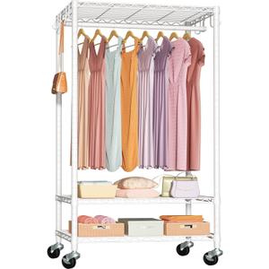 FUTASSI P6 Rolling Clothes Rack Heavy Duty, Clothing Racks for Hanging Clothes, Freestanding Garment Rack with Wheels, Portable Closet Rack Max Load 380 LBS, 35.5'' W x 14'' D x 74.6'' H, White