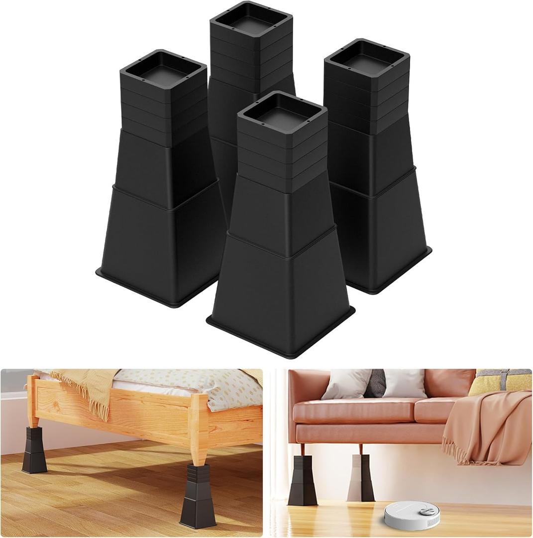 12 inch Bed Risers Heavy Duty, Adjustable Furniture Risers for Bed, Sofa, Table, Chair, Support up to 1500 Lbs (Set of 4, Black)