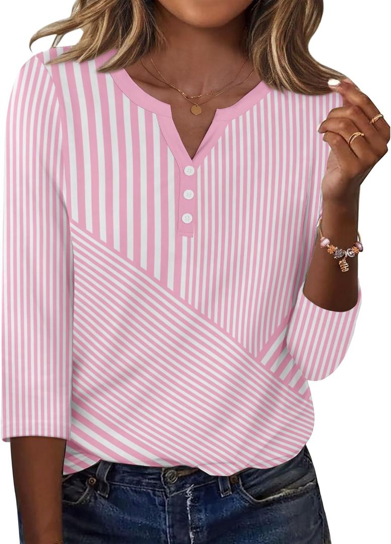 Zeagoo 3/4 Length Sleeve Womens Tops Casual Dressy Summer Blouses Buisness Work Spring Tee Shirts (Small, Pink Stripes)