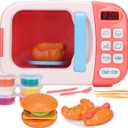 Microwave Kitchen Play Set with Light Sound for Kids with Pretend Fake Food and 6 Color DIY Play-Dough Clay Great for Toddlers 3 and Older Grils and Boys (Pink)