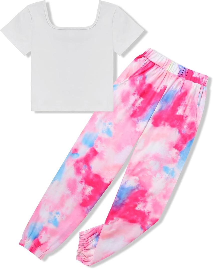Girls Clothes Solid Color Square Collar Short Tops Tie Dye Long Pants Two Piece outfit Clothes for Girls 6-14Y